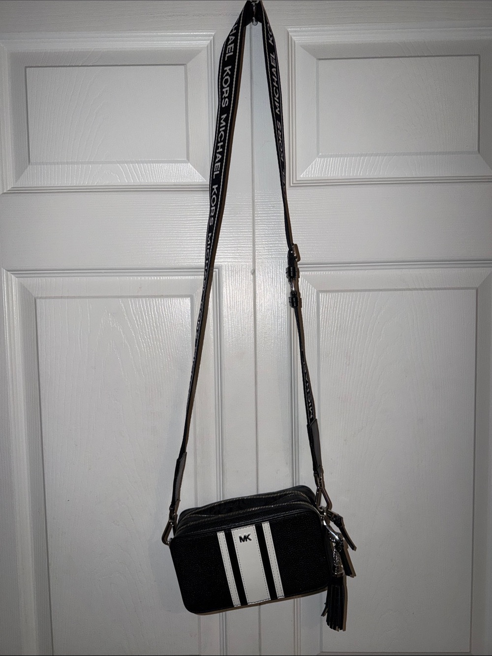 Michael Kors Black Crossbody with White Stripe Accents